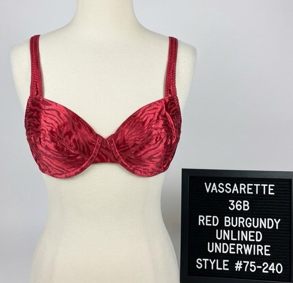 Vassarette 36B Satin Jacquard Underwire Bra #75-240 Red Burgundy Unlined Vintage